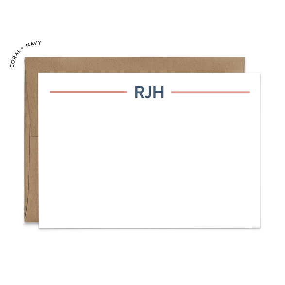 Image of a white flat note card with a kraft brown envelope. The card features a two coral lines with example initials in the middle of the lines.