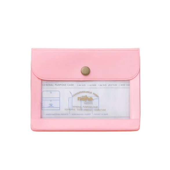 An image of a small light pink general purpose case with a gold clasp and clear window on the front