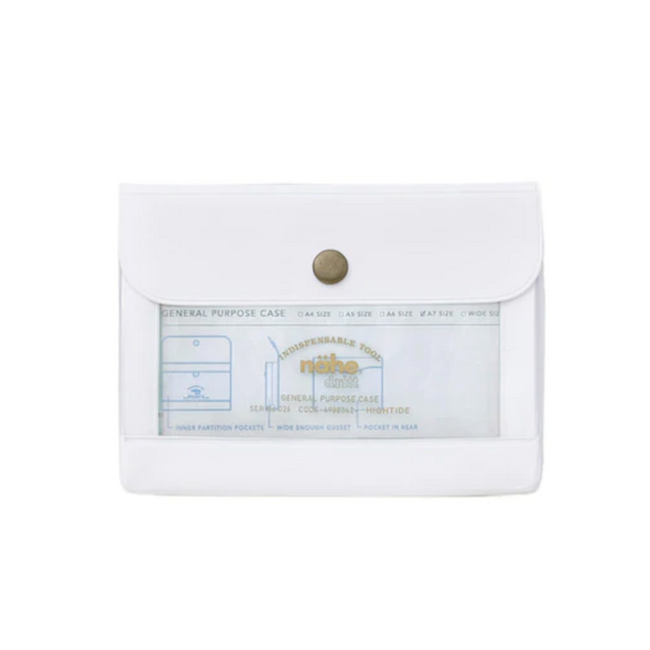 An image of a small white general purpose case with a gold clasp and clear window on the front