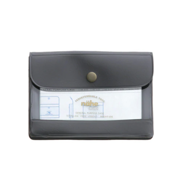 An image of a small charcoal grey general purpose case with a gold clasp and clear window on the front