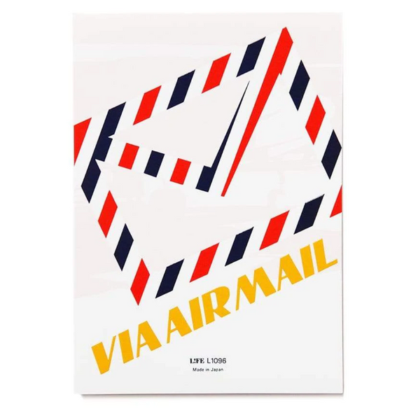 Image of a letter writing pad with yellow text "via air mail" diagonally across the bottom and a giant envelope with a red, blue and white striped border on a white background