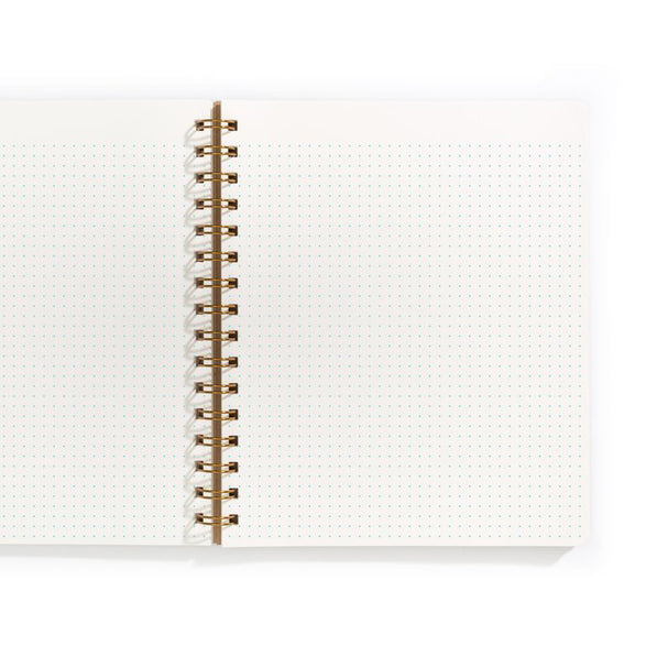 An image of an open notebook with dot grid paper and gold spiral binding