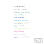 An image of color swatches from 12 le pens: black, dark grey, oriental blue, teal, blue, light blue, olive green, green, light green, pink, orchid, amethyst