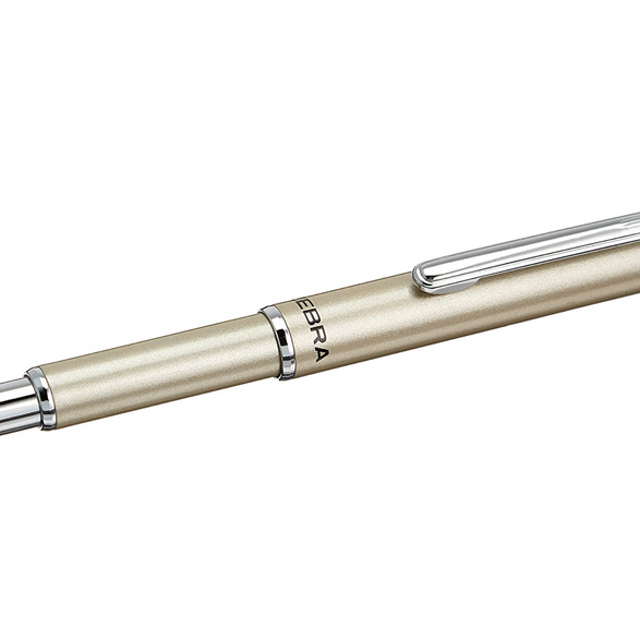 An image of a closed mini light gold zebra ball point pen with silver details.